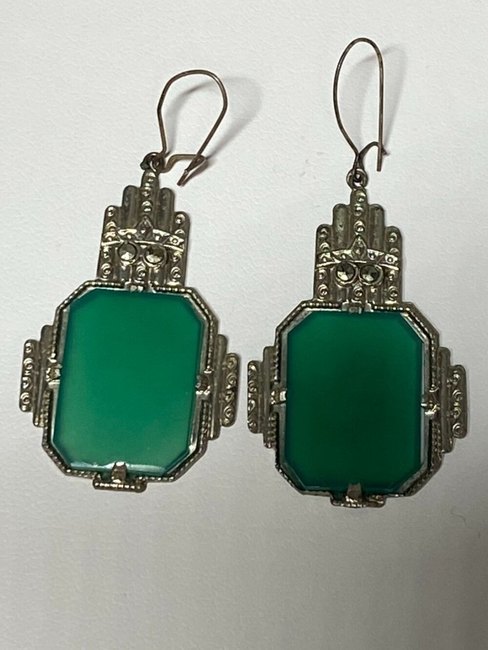 Art Deco 1930s Chrysoprase Marcasite Sterling Silver Earrings Antique - Picture 4 of 15